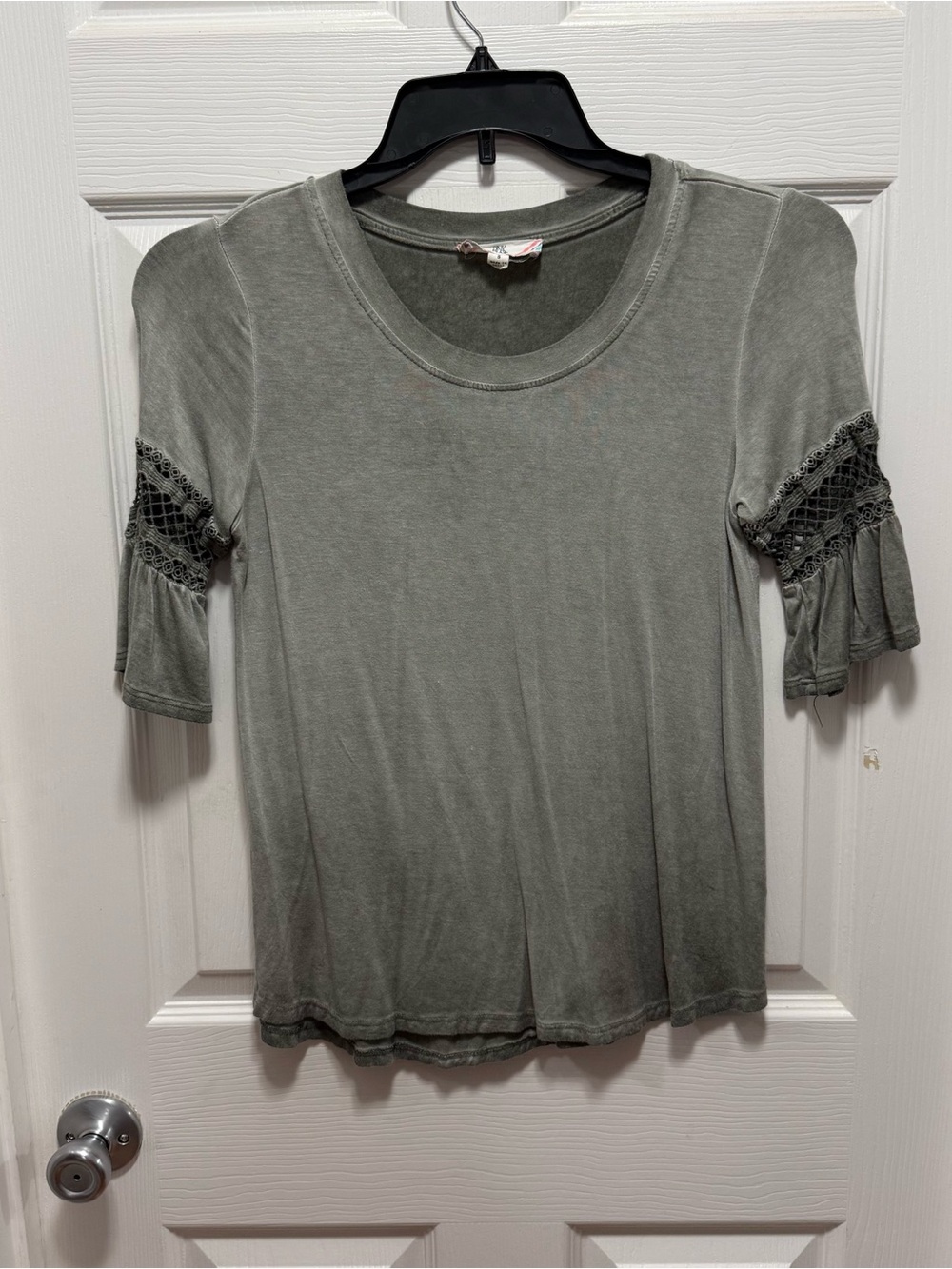 Pink Rose Olive Green Short Sleeve Top with Crochet Sleeve Detail